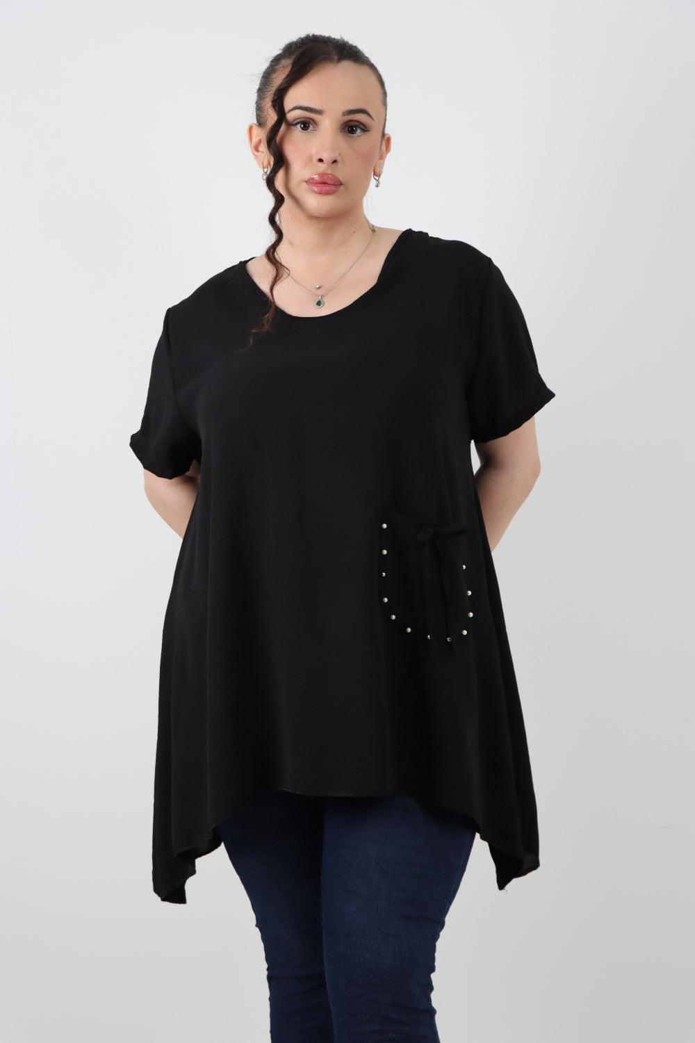 Stud Pocket Tie Detail Hanky Hem Tunic Top - Lashra Fashion