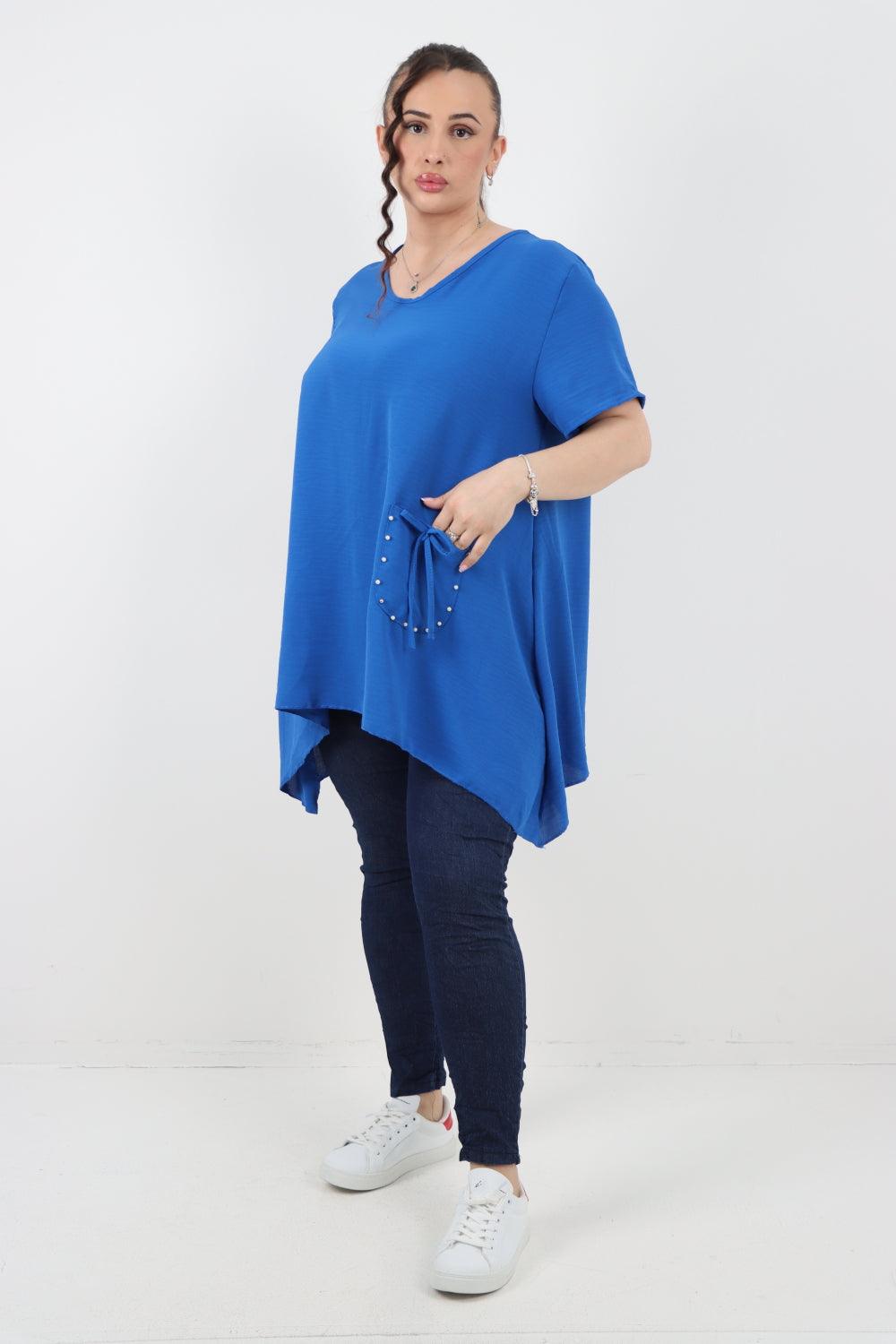 Stud Pocket Tie Detail Hanky Hem Tunic Top - Lashra Fashion