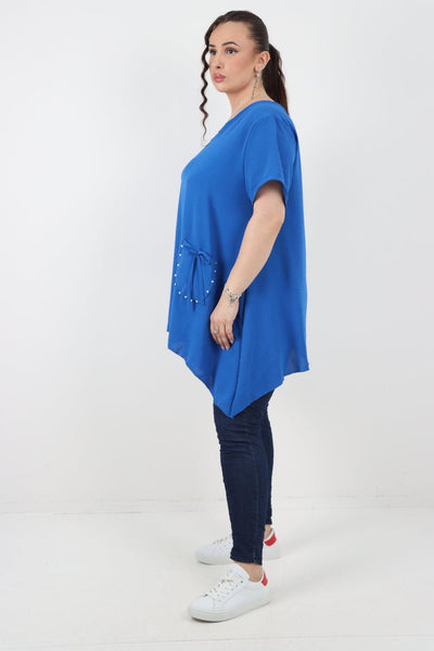 Stud Pocket Tie Detail Hanky Hem Tunic Top - Lashra Fashion