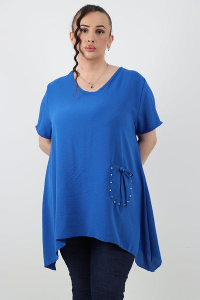 Stud Pocket Tie Detail Hanky Hem Tunic Top - Lashra Fashion