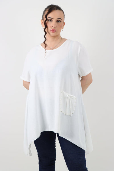 Stud Pocket Tie Detail Hanky Hem Tunic Top - Lashra Fashion