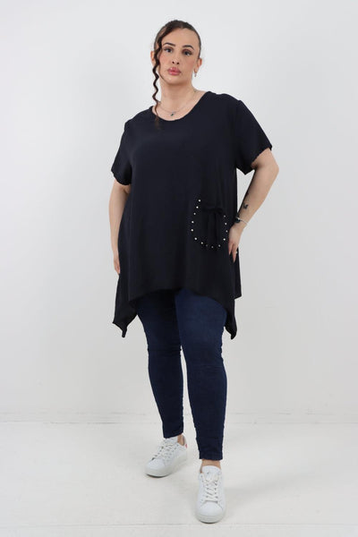 Stud Pocket Tie Detail Hanky Hem Tunic Top - Lashra Fashion