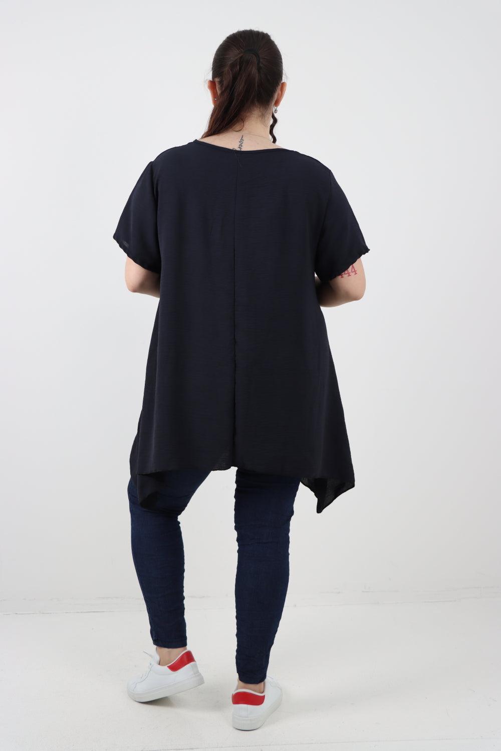 Stud Pocket Tie Detail Hanky Hem Tunic Top - Lashra Fashion