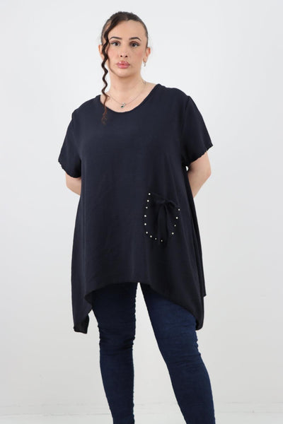 Stud Pocket Tie Detail Hanky Hem Tunic Top - Lashra Fashion