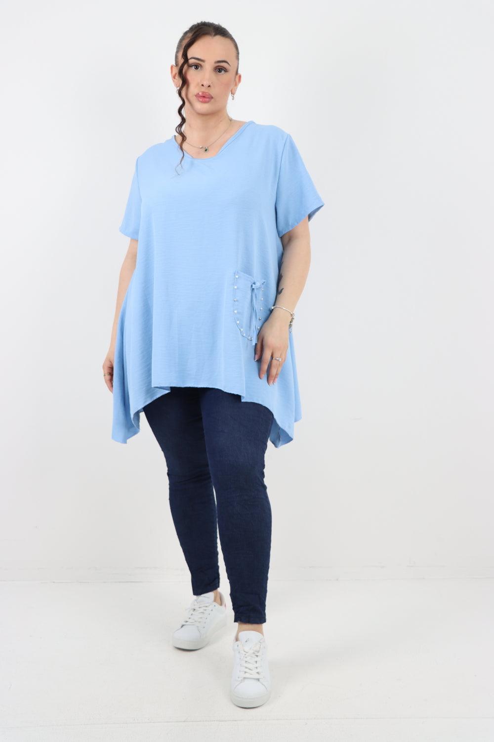 Stud Pocket Tie Detail Hanky Hem Tunic Top - Lashra Fashion