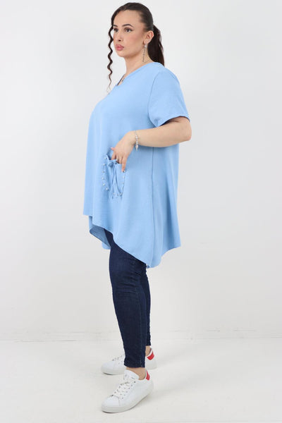 Stud Pocket Tie Detail Hanky Hem Tunic Top - Lashra Fashion