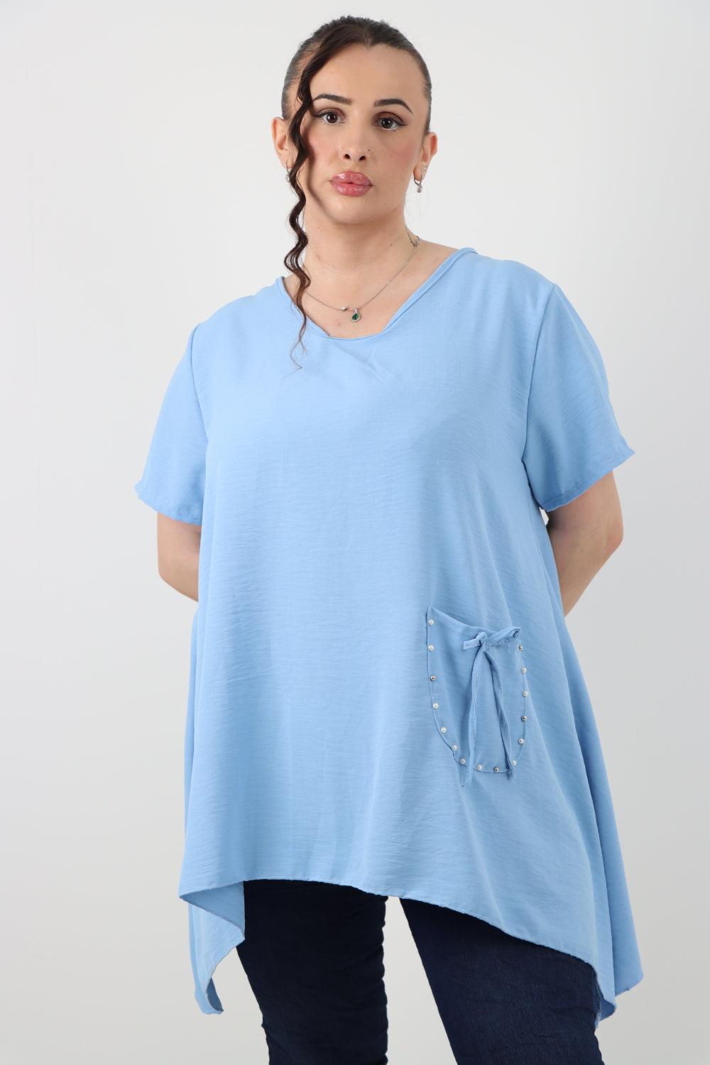 Stud Pocket Tie Detail Hanky Hem Tunic Top - Lashra Fashion