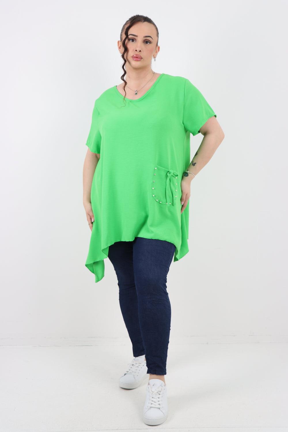 Stud Pocket Tie Detail Hanky Hem Tunic Top - Lashra Fashion