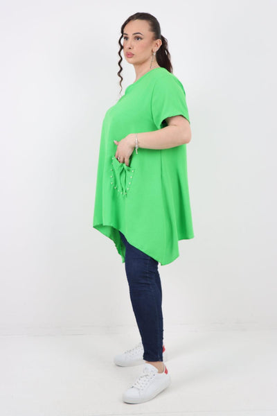 Stud Pocket Tie Detail Hanky Hem Tunic Top - Lashra Fashion