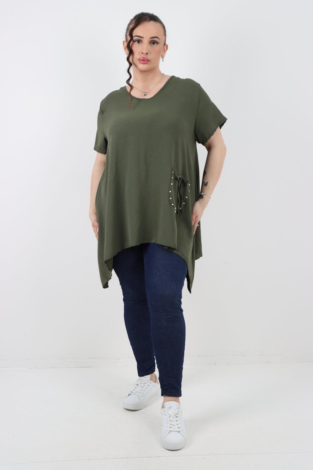 Stud Pocket Tie Detail Hanky Hem Tunic Top - Lashra Fashion