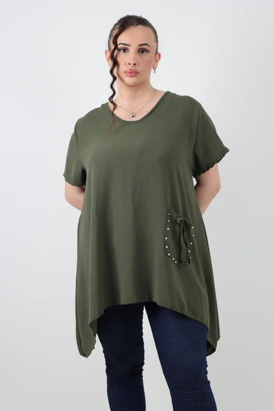 Stud Pocket Tie Detail Hanky Hem Tunic Top - Lashra Fashion