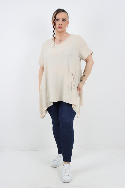 Stud Pocket Tie Detail Hanky Hem Tunic Top - Lashra Fashion