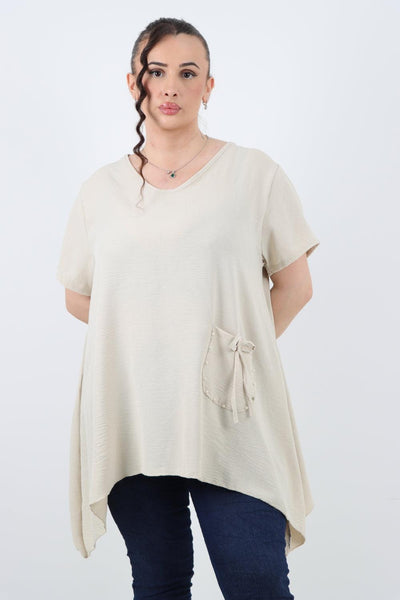 Stud Pocket Tie Detail Hanky Hem Tunic Top - Lashra Fashion