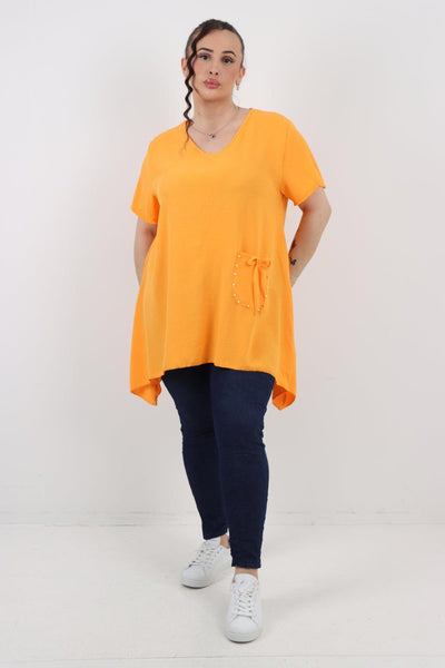 Stud Pocket Tie Detail Hanky Hem Tunic Top - Lashra Fashion