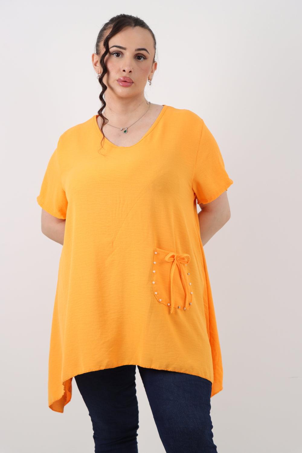 Stud Pocket Tie Detail Hanky Hem Tunic Top - Lashra Fashion