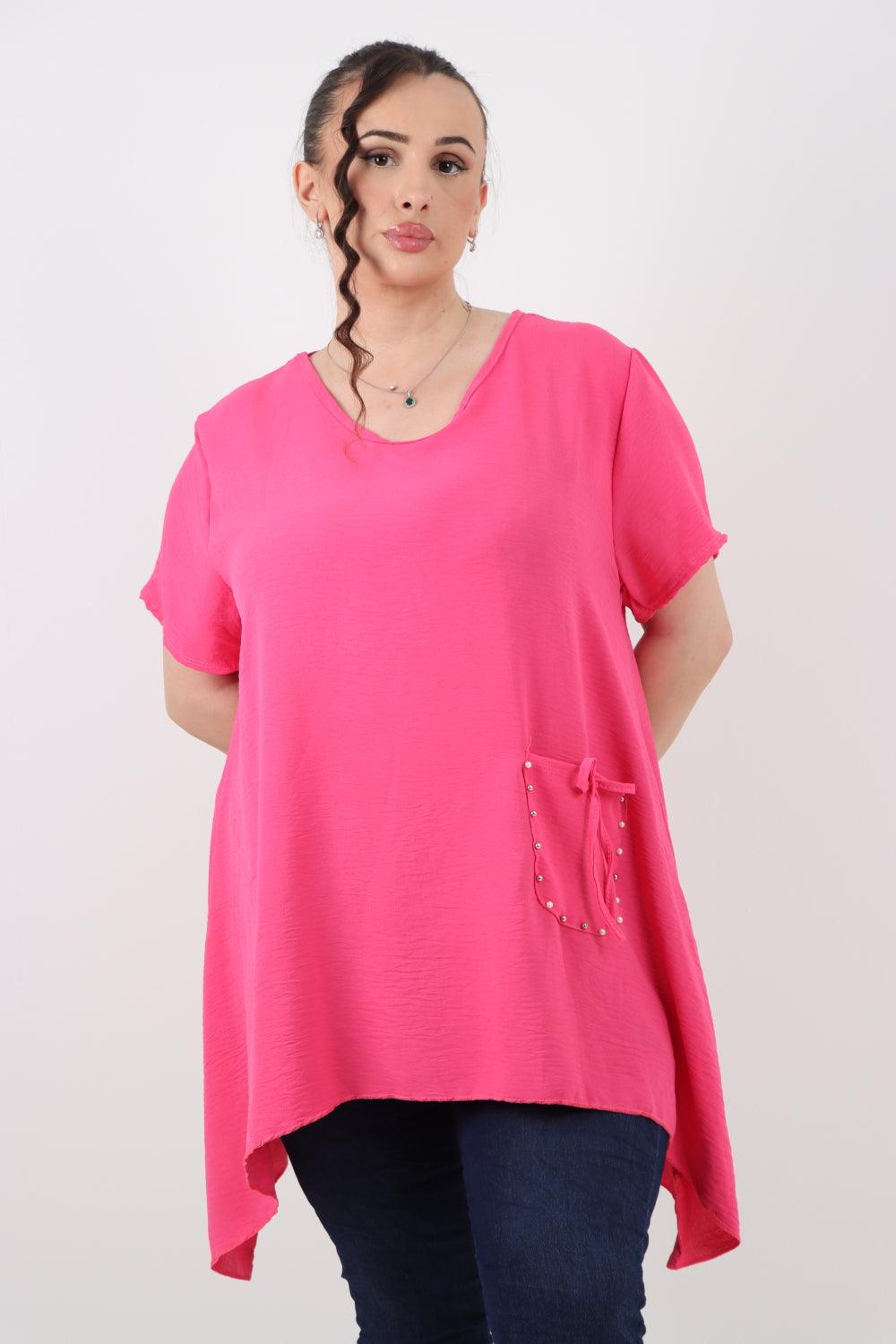 Stud Pocket Tie Detail Hanky Hem Tunic Top - Lashra Fashion