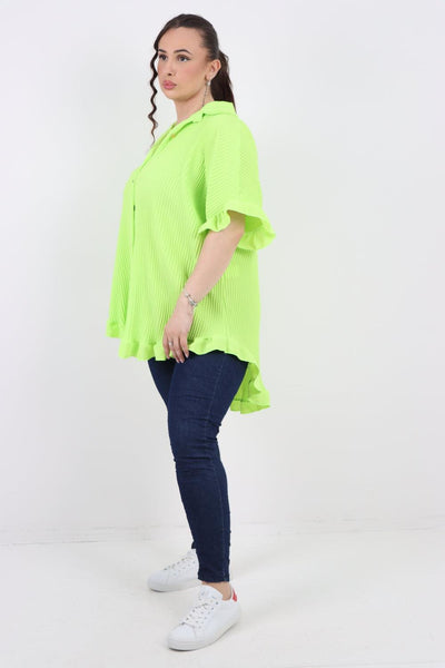 Pleated Dip Hem Button Down Shirt Top - Lashra Fashion