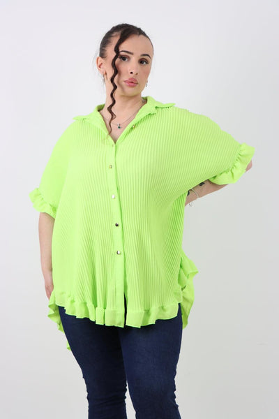 Pleated Dip Hem Button Down Shirt Top - Lashra Fashion