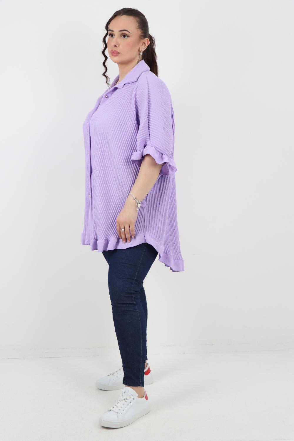 Pleated Dip Hem Button Down Shirt Top - Lashra Fashion