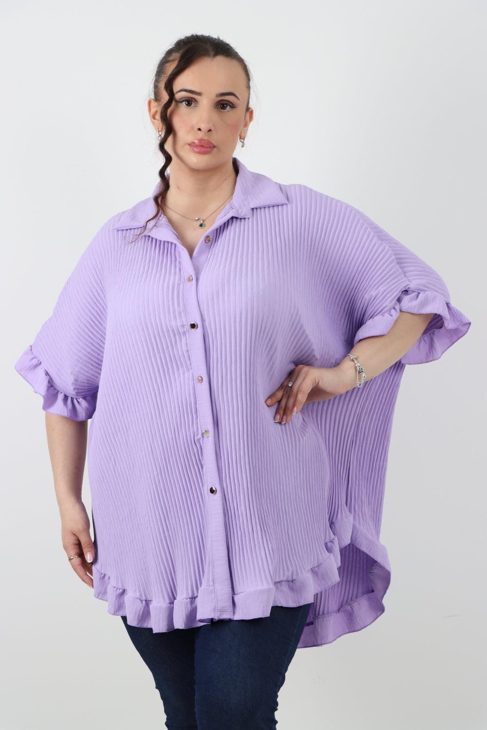 Pleated Dip Hem Button Down Shirt Top - Lashra Fashion