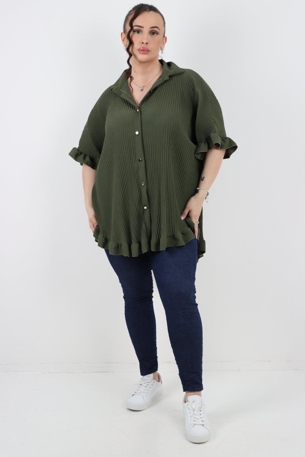 Pleated Dip Hem Button Down Shirt Top - Lashra Fashion