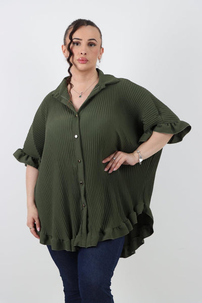 Pleated Dip Hem Button Down Shirt Top - Lashra Fashion