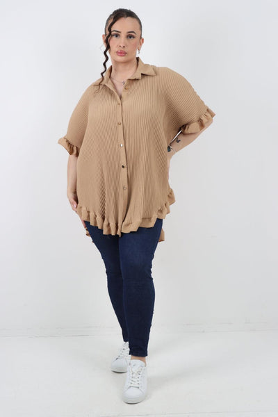 Pleated Dip Hem Button Down Shirt Top - Lashra Fashion