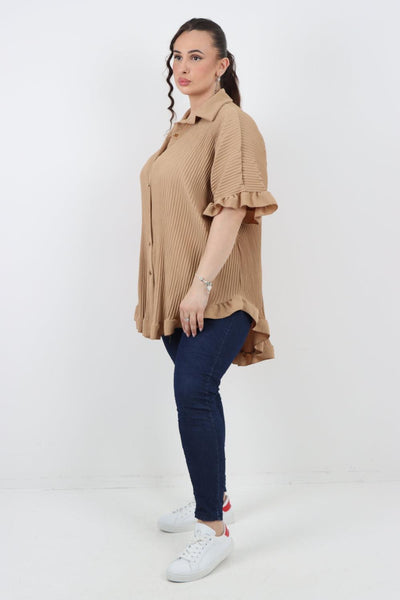 Pleated Dip Hem Button Down Shirt Top - Lashra Fashion