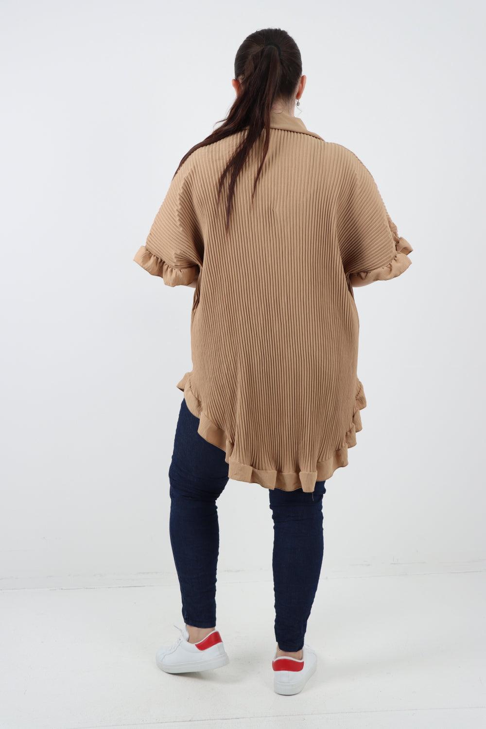 Pleated Dip Hem Button Down Shirt Top - Lashra Fashion