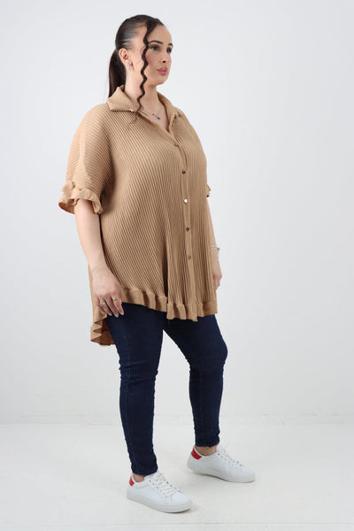 Pleated Dip Hem Button Down Shirt Top - Lashra Fashion