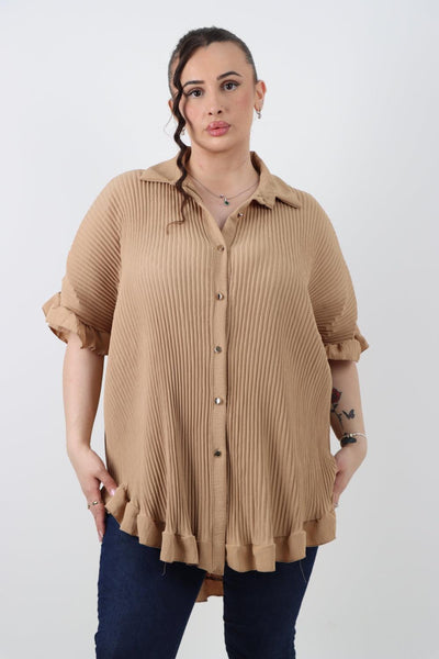 Pleated Dip Hem Button Down Shirt Top - Lashra Fashion