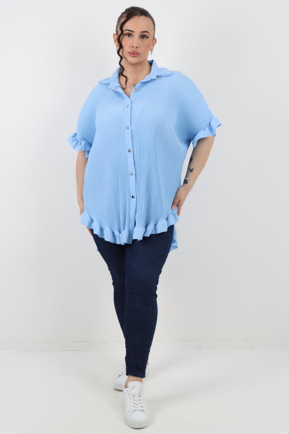 Pleated Dip Hem Button Down Shirt Top - Lashra Fashion