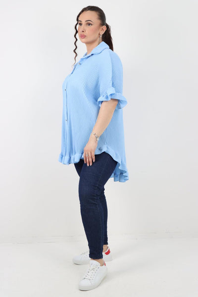 Pleated Dip Hem Button Down Shirt Top - Lashra Fashion