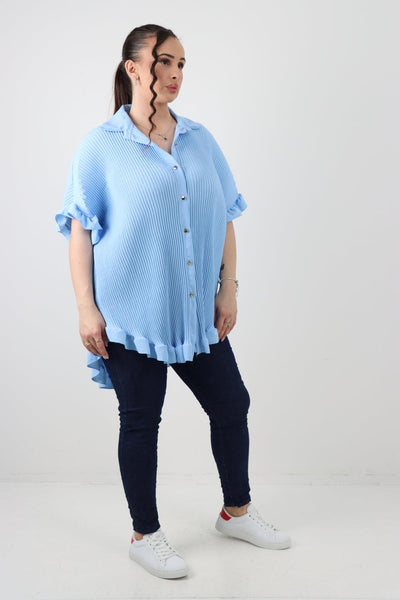 Pleated Dip Hem Button Down Shirt Top - Lashra Fashion