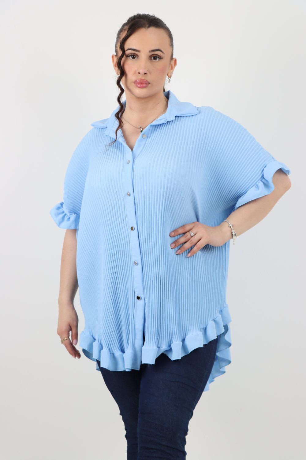 Pleated Dip Hem Button Down Shirt Top - Lashra Fashion