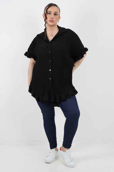 Pleated Dip Hem Button Down Shirt Top - Lashra Fashion