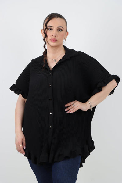 Pleated Dip Hem Button Down Shirt Top - Lashra Fashion