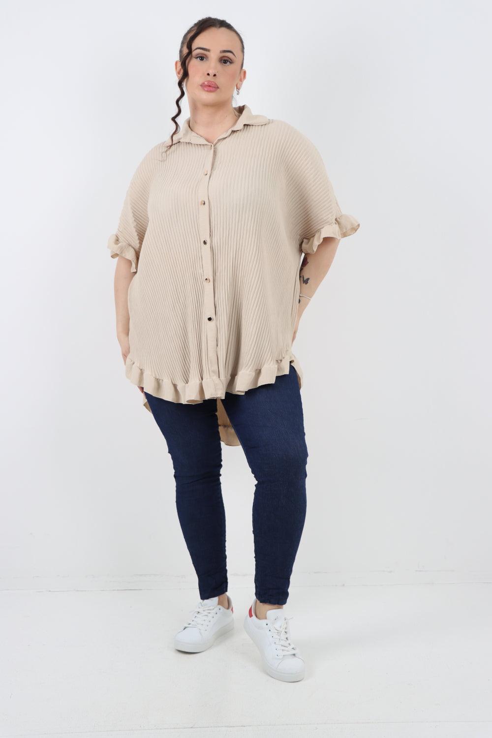 Pleated Dip Hem Button Down Shirt Top - Lashra Fashion