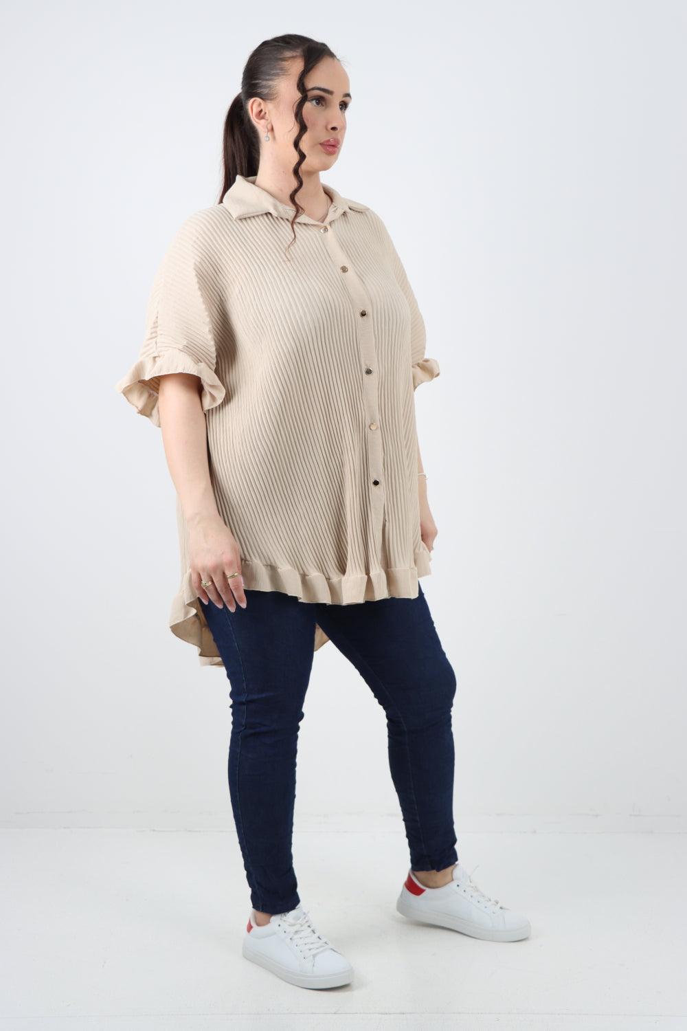 Pleated Dip Hem Button Down Shirt Top - Lashra Fashion