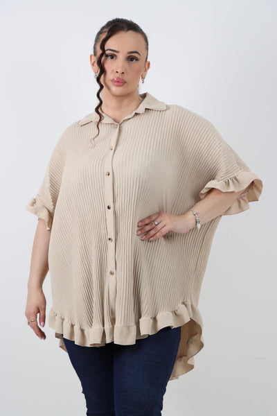 Pleated Dip Hem Button Down Shirt Top - Lashra Fashion