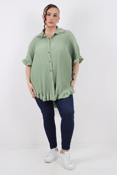 Pleated Dip Hem Button Down Shirt Top - Lashra Fashion