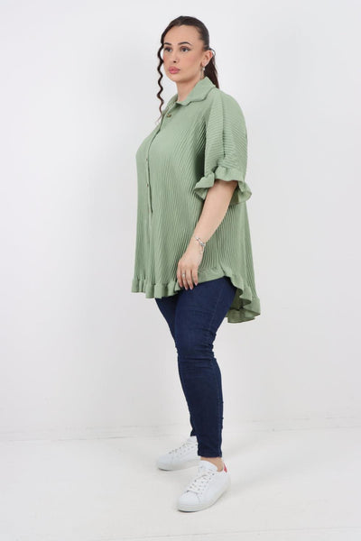 Pleated Dip Hem Button Down Shirt Top - Lashra Fashion