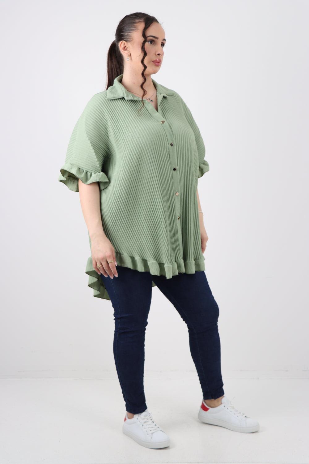 Pleated Dip Hem Button Down Shirt Top - Lashra Fashion