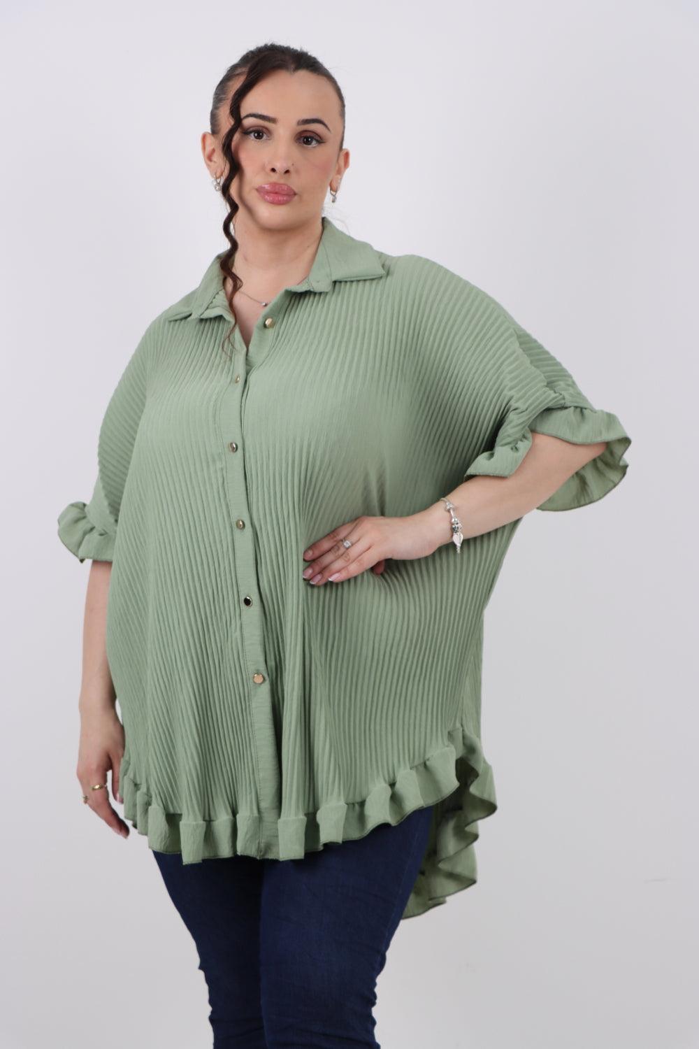 Pleated Dip Hem Button Down Shirt Top - Lashra Fashion