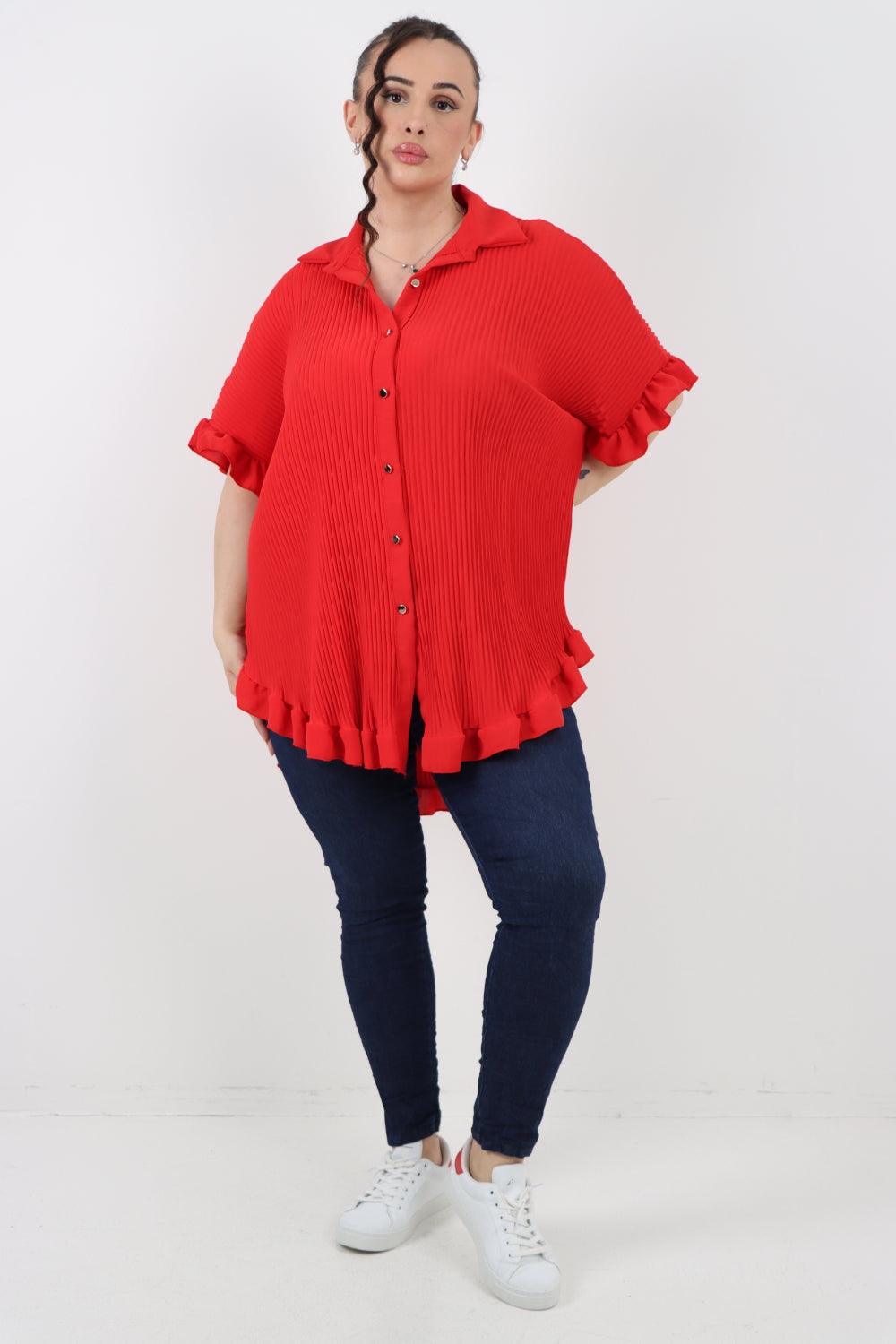 Pleated Dip Hem Button Down Shirt Top - Lashra Fashion