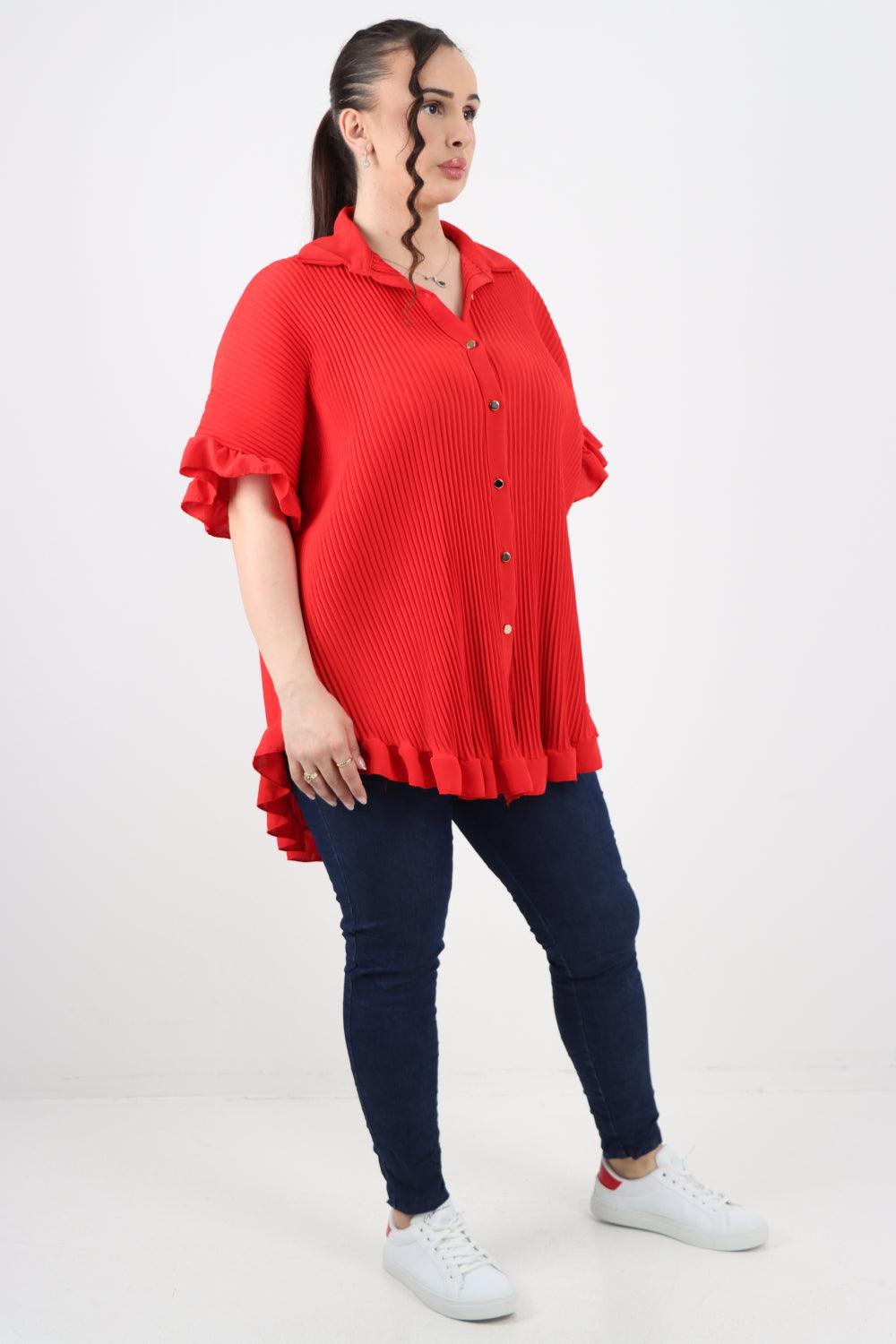 Pleated Dip Hem Button Down Shirt Top - Lashra Fashion