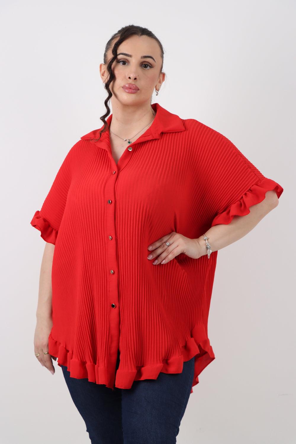 Pleated Dip Hem Button Down Shirt Top - Lashra Fashion