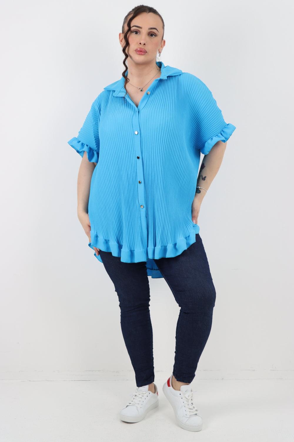 Pleated Dip Hem Button Down Shirt Top - Lashra Fashion