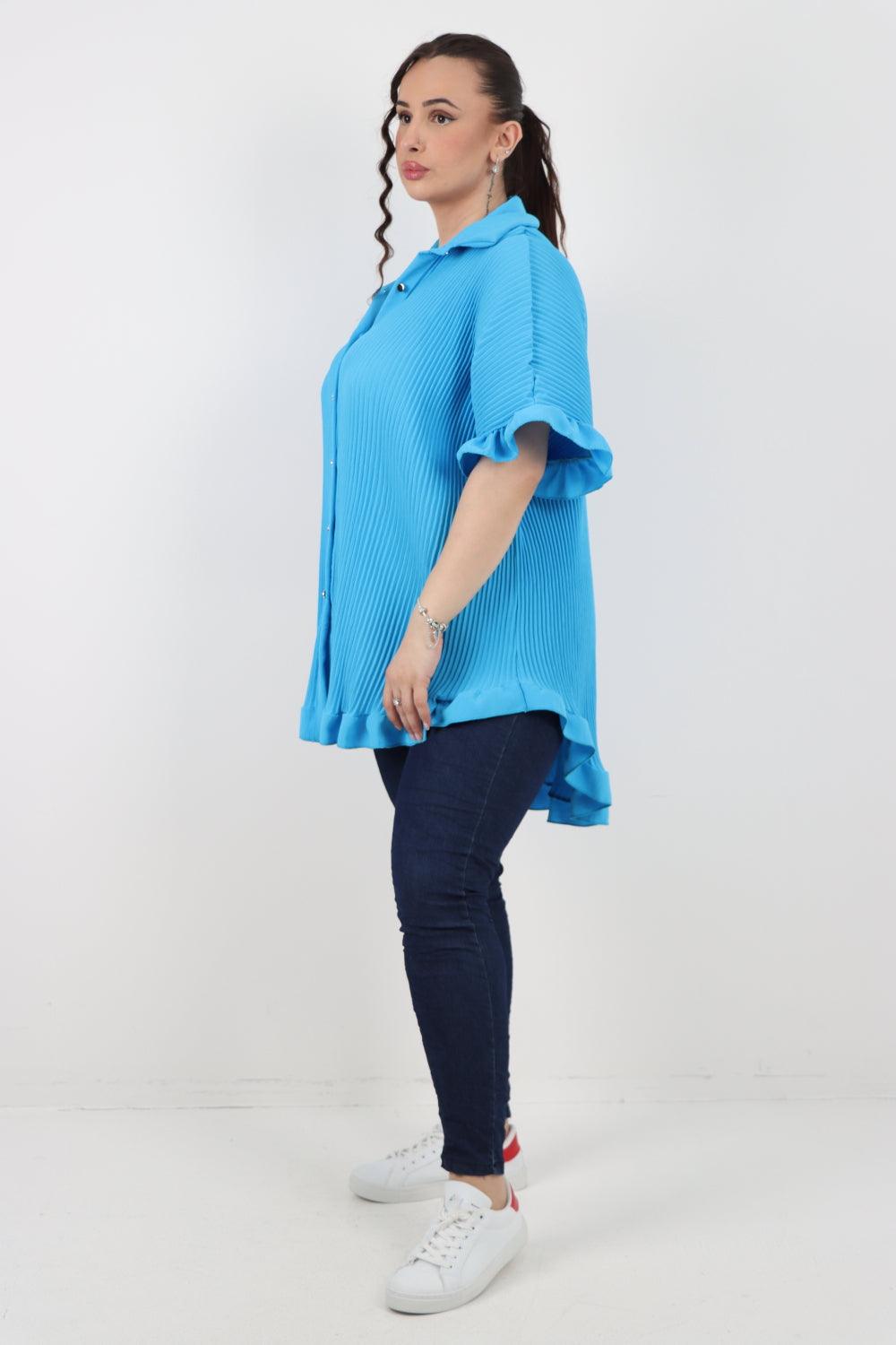 Pleated Dip Hem Button Down Shirt Top - Lashra Fashion