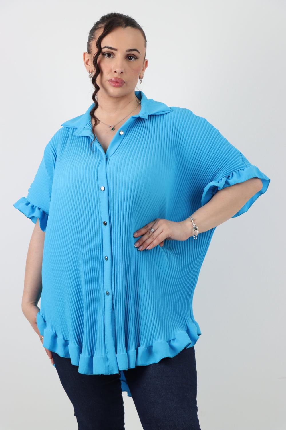 Pleated Dip Hem Button Down Shirt Top - Lashra Fashion